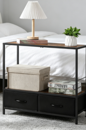 3-Tier Bedside Table with Drawers and Shelf, Black and Rustic Brown